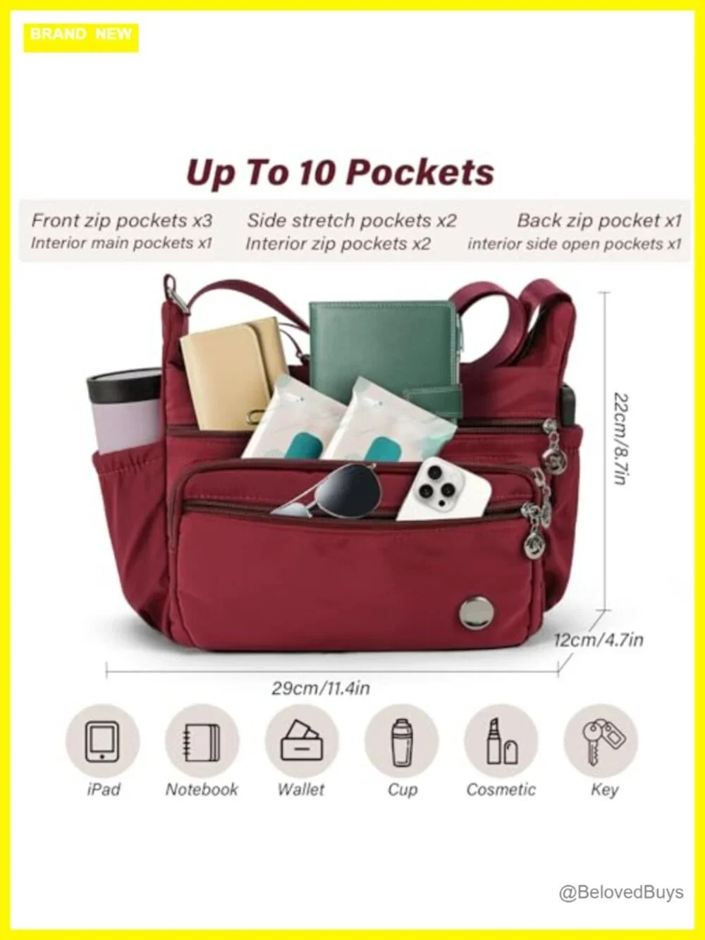 Crossbody Bag with Multiple Pockets, Shoulder Handbag, Tote Satchel, Fashion